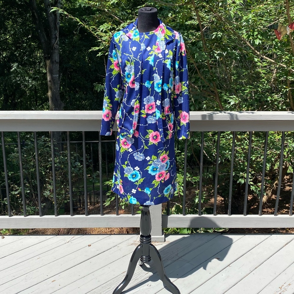 Vintage 60s 70s Floral 2 Pc Shift Dress Peter Pan Collar Jacket Blazer Set